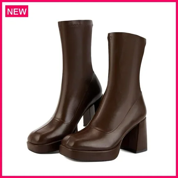 Platform Ankle Boots, Square Toe, Chunky Heel, Pull-On Design, Women's Shoes - Picture 1 of 7